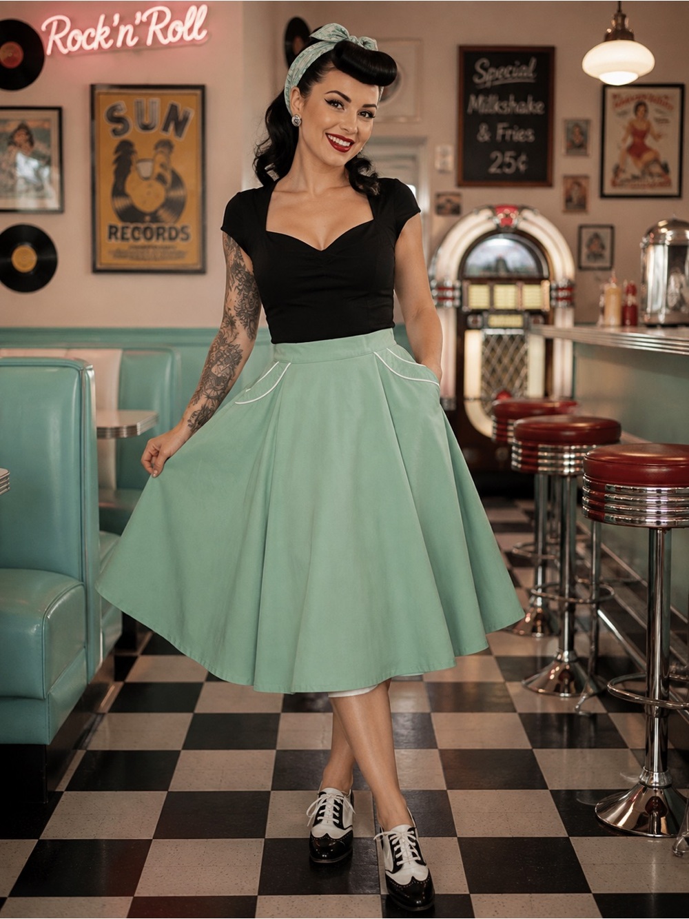 Banned Retro 1950's Ice Green Swing Skirt With Pockets L Large